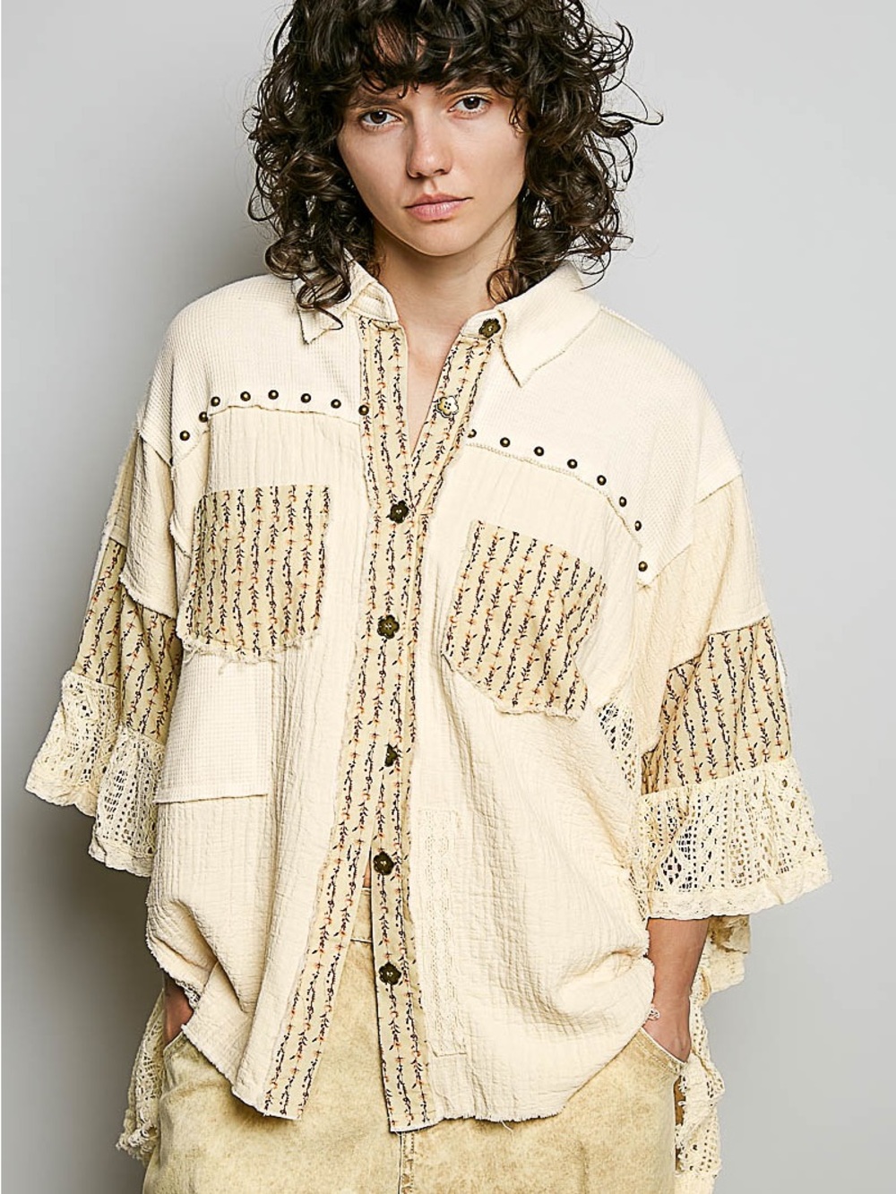 PP16. POL Cream Patchwork Knit Poncho Shrug - Picture 3 of 3